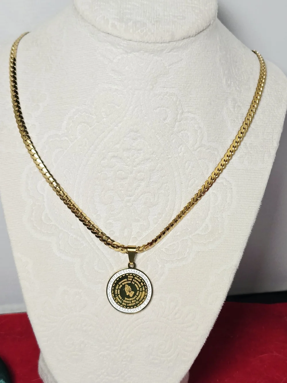 Serenity Prayer Necklace Praying Hands CZ Gold Stainless Steel 22